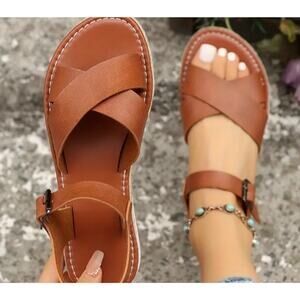 Women's Solid Color Brown Cross Strap Sandals Lightweight size 40 -9.5